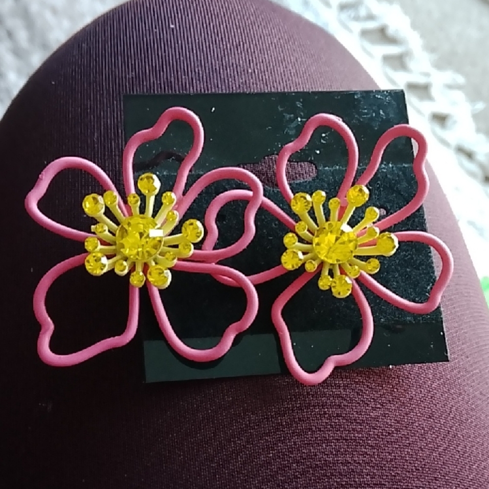 Pink and Yellow Crystal Floral Earrings